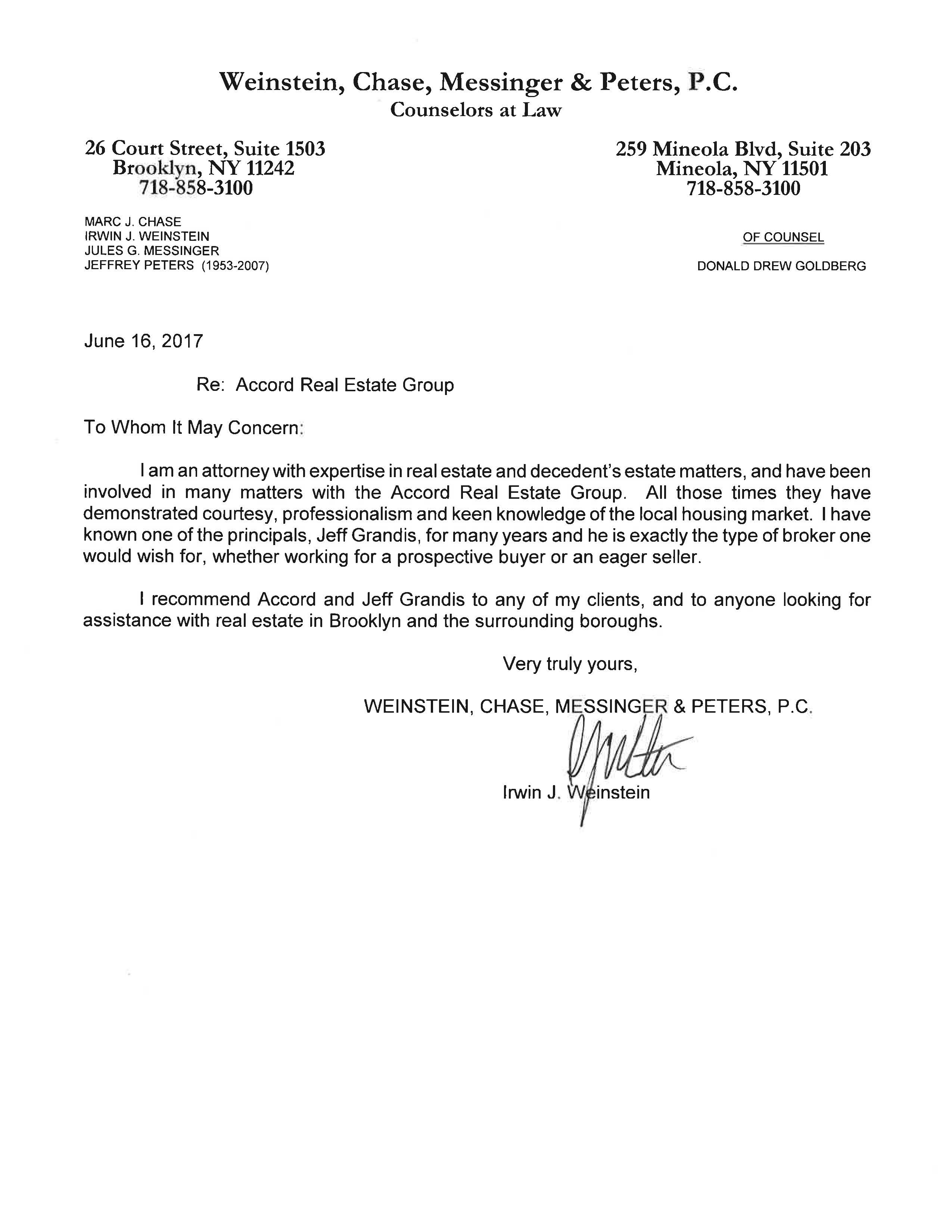 Testimonial Letter from Irwin J. Weinstein